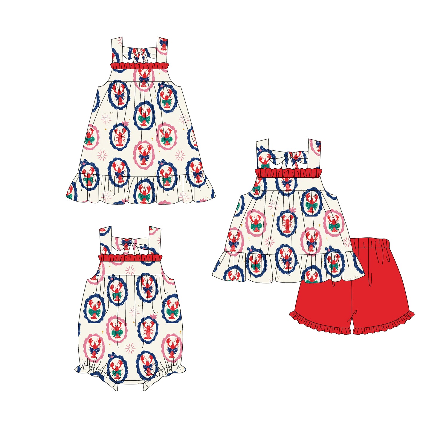 ( Moq 5 Each Style ) Baby Girls Kids Sleeveless Crawfish Bows Sibling Romper Dress Set