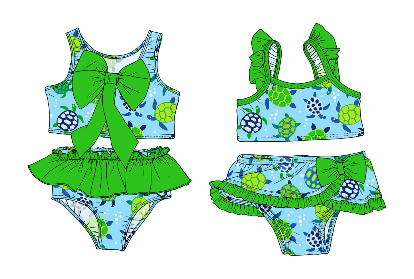 ( Moq 5 Each Style ) Sibling Baby Girls Kids Summer Tops Ruffle Shorts Green Bows Sets Swimsuits