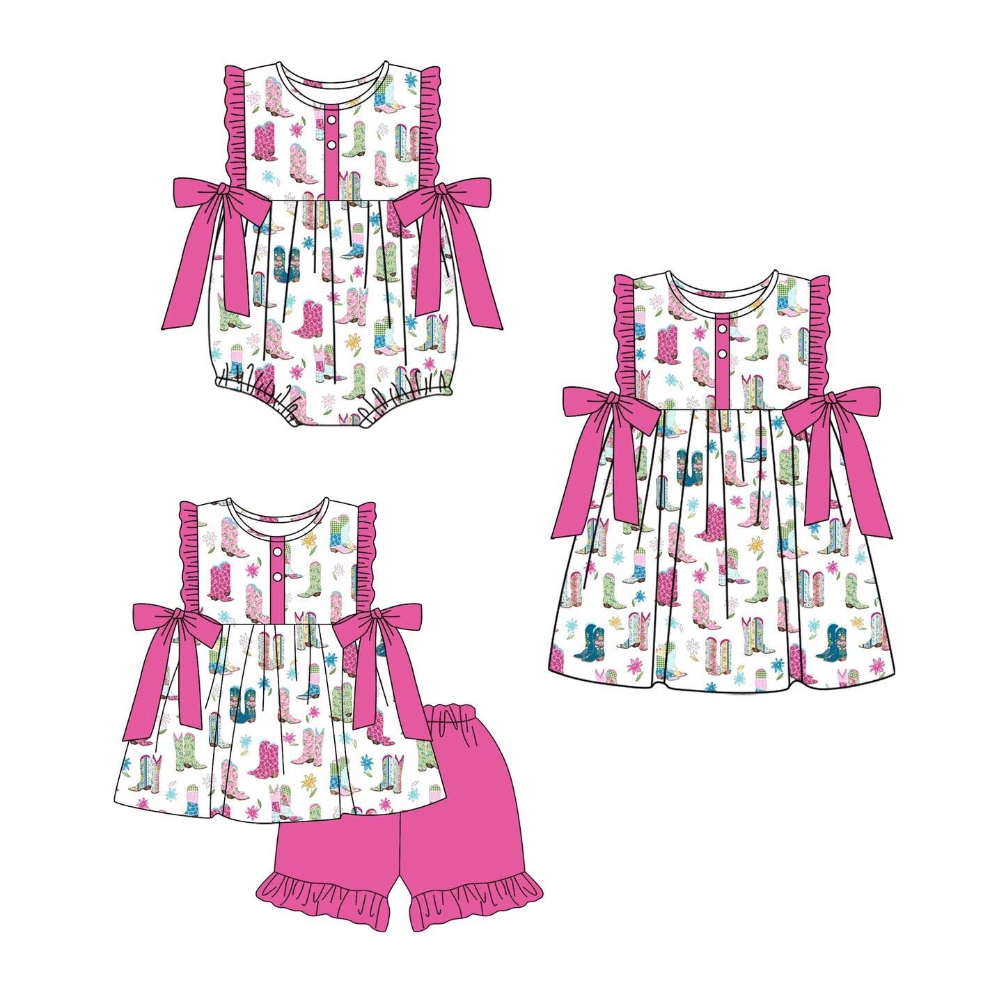 ( Moq 5 Each Style ) Sibling Baby Girls Kids Western Boots Flower Bows Romper Dress Set