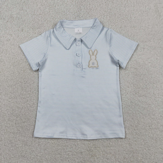 Baby Boys Kids Short Sleeves Embroidery Rabbit Blue Stripes Easter Buttons Polo Shirt Tops RTS