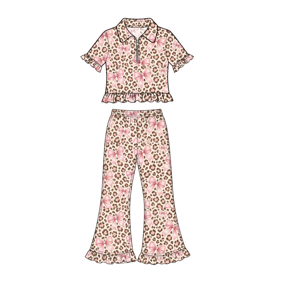 ( Moq 5 ) Preorder Baby Girls Kids Short Sleeves Leopard Bows Zipper Tops Pants Set Clothes
