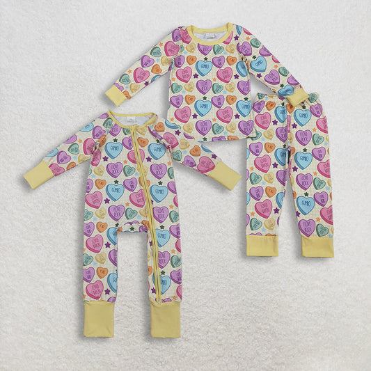 Sibling Baby Girls Colorful Hearts Stars Pants Valentines Pajamas Sets Two Way Zip Convertible Rompers