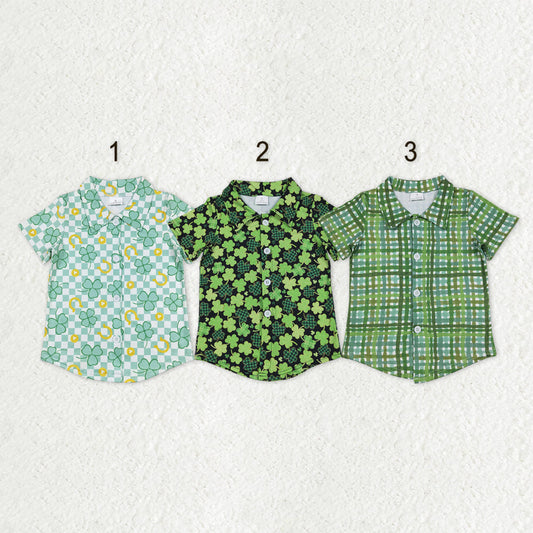 Sibling Baby Boys Short Sleeves St Patrick Buttons Green Clovers Plaid Shirts Tops RTS