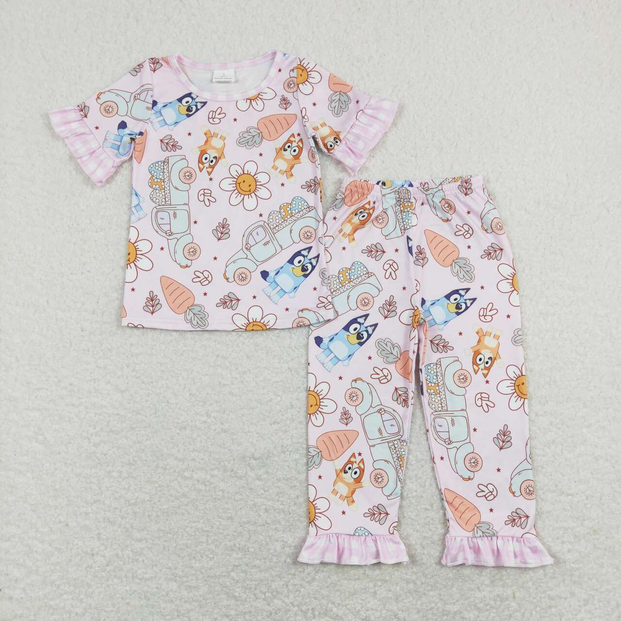 Sibling Baby Boys Girls Short Sleeves Dogs Flower Eggs Carrots Trucks Easter Romper Pajamas Sets RTS