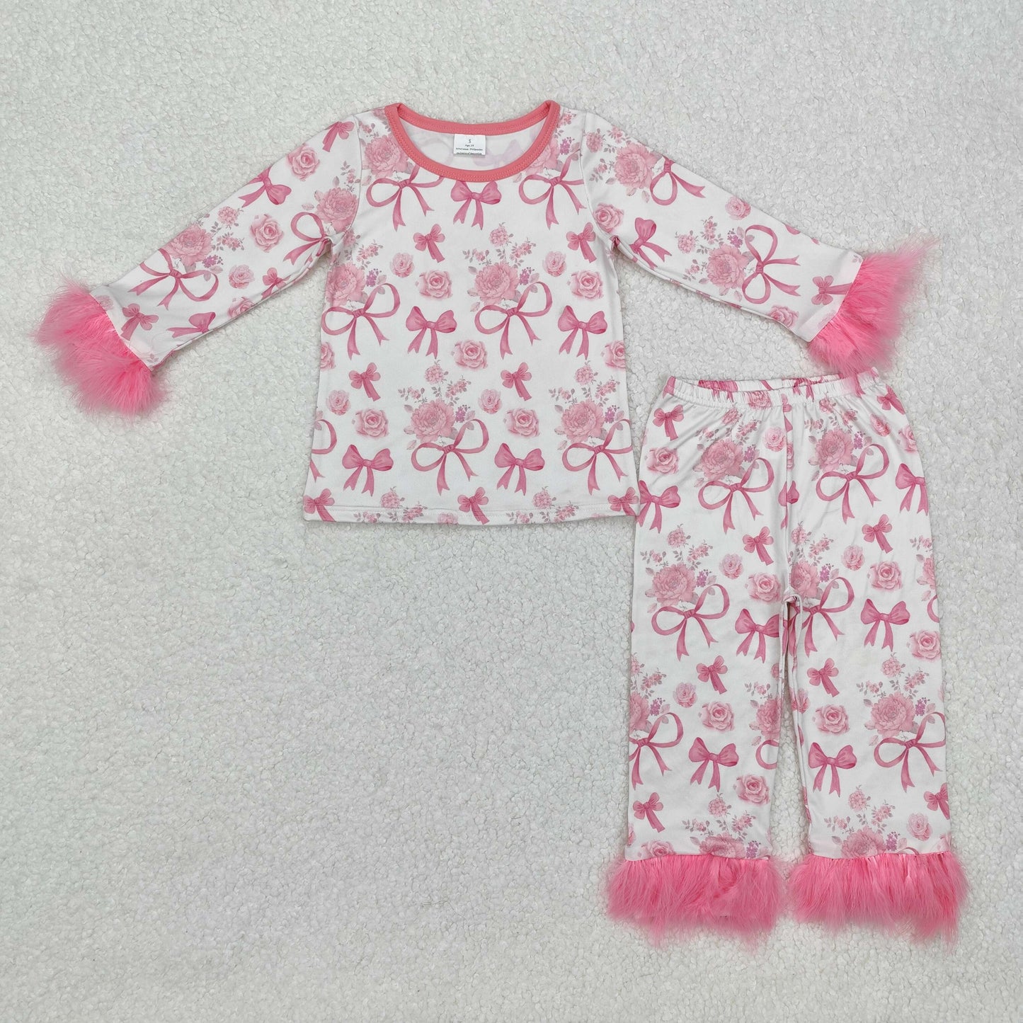 Baby Girl Long Sleeves Valentines Pink Bows Fur Shirt Pants Pajamas Clothes Set