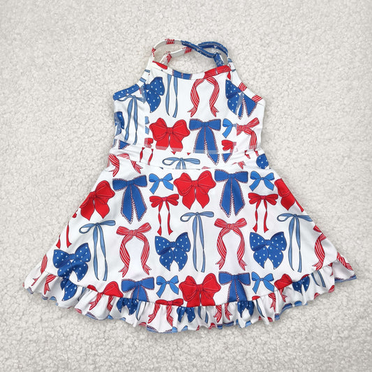 Baby Girl Straps 4th Of July Bows Yoga Active Knee Length Pink Dress RTS