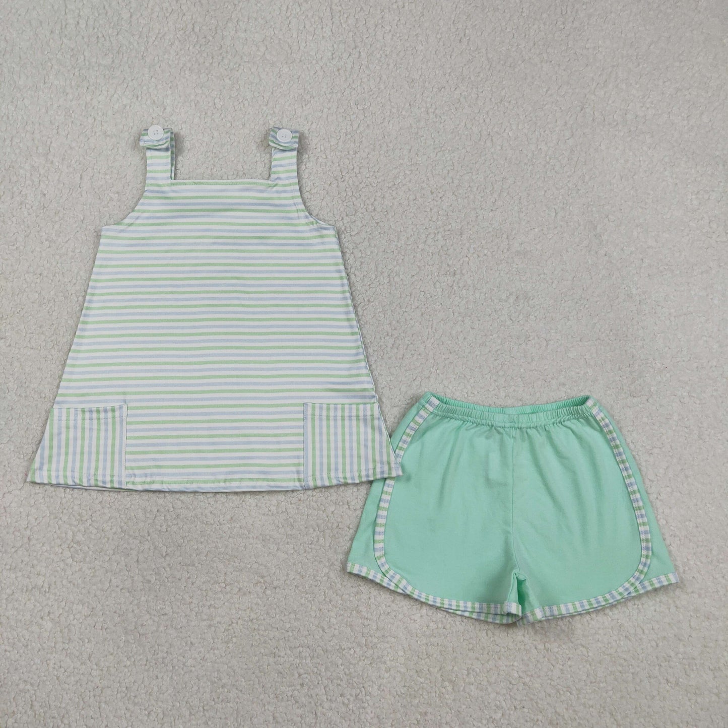 Baby Girls Kids Sleeveless Stripes Pockets Tops Green Shorts Clothes Set RTS
