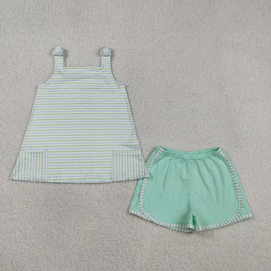 Baby Girls Kids Sleeveless Stripes Pockets Tops Green Shorts Clothes Set RTS
