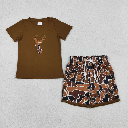 Sibling Sibling Baby Boys Kids Embroidery Deer Camo Hunting Brown Romper Sets RTS