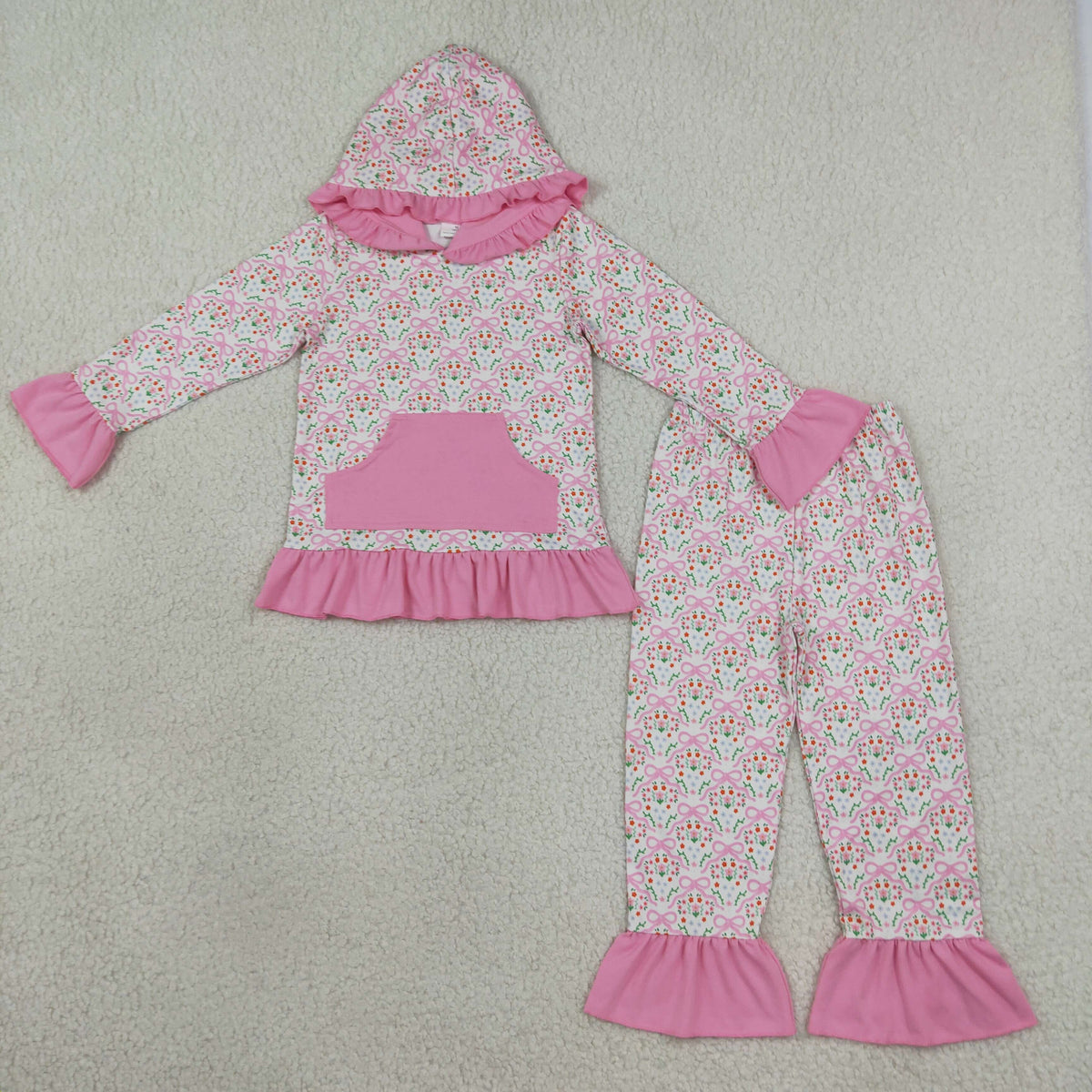 Baby Girls Kids Long Sleeves Pocket Hoodie Pullover Bows Pants Set Clothes RTS