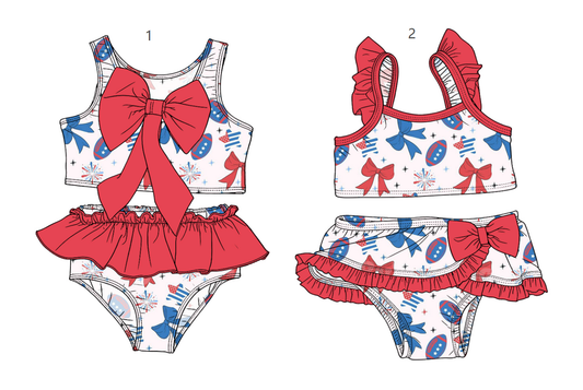 ( Moq 5 Each Style ) Sibling Baby Girls Kids Football Bows Tops Ruffle Shorts Sets 4th of July Swimsuits