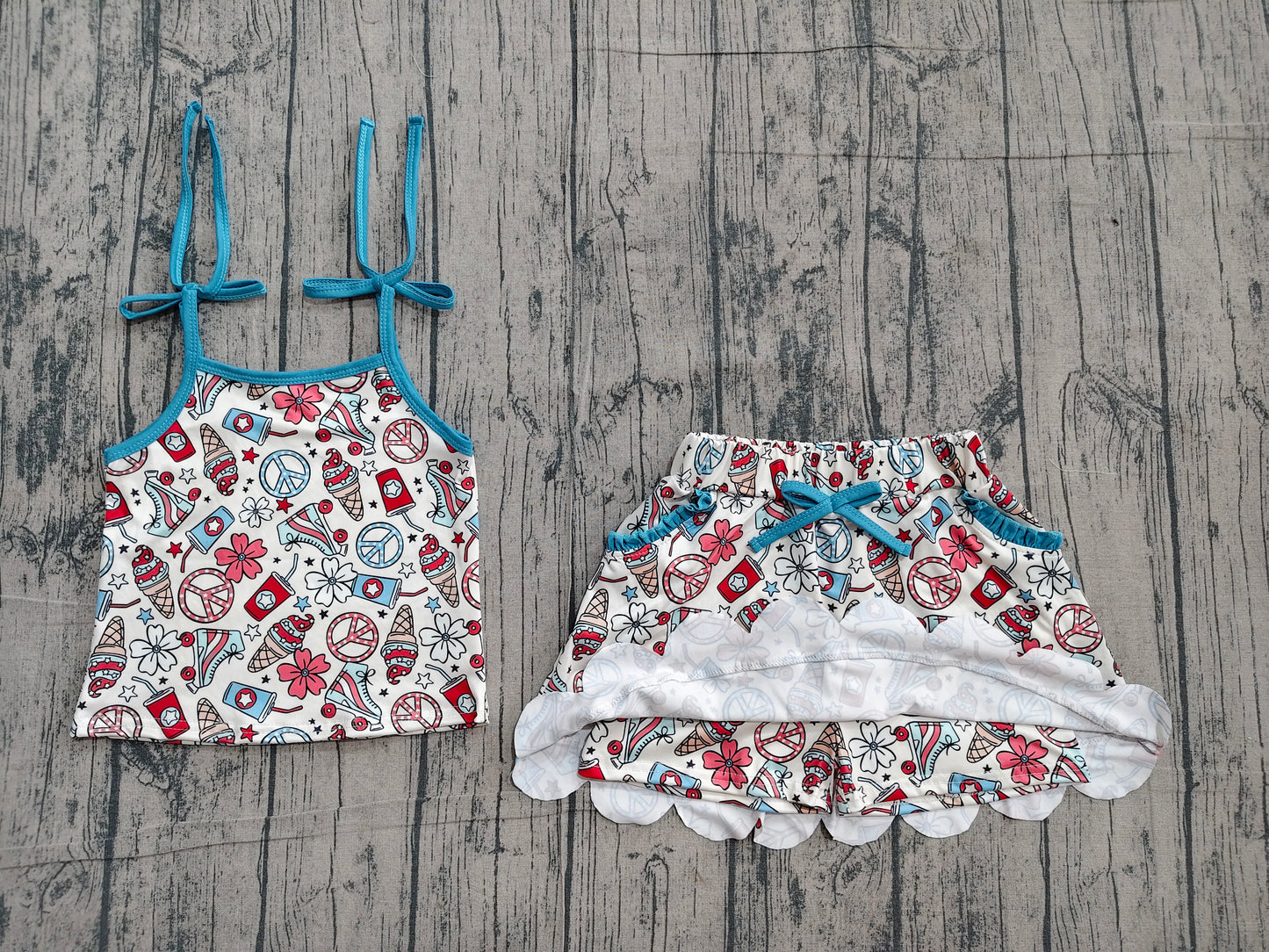 Baby Girl Kids Straps Flower Tops Pockets Skirt Shorts 4th of July Set RTS