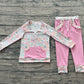 Baby Girls Long Sleeves Flower Zipper Shirt Ruffle Pockets Pink Pants Clothes Set RTS