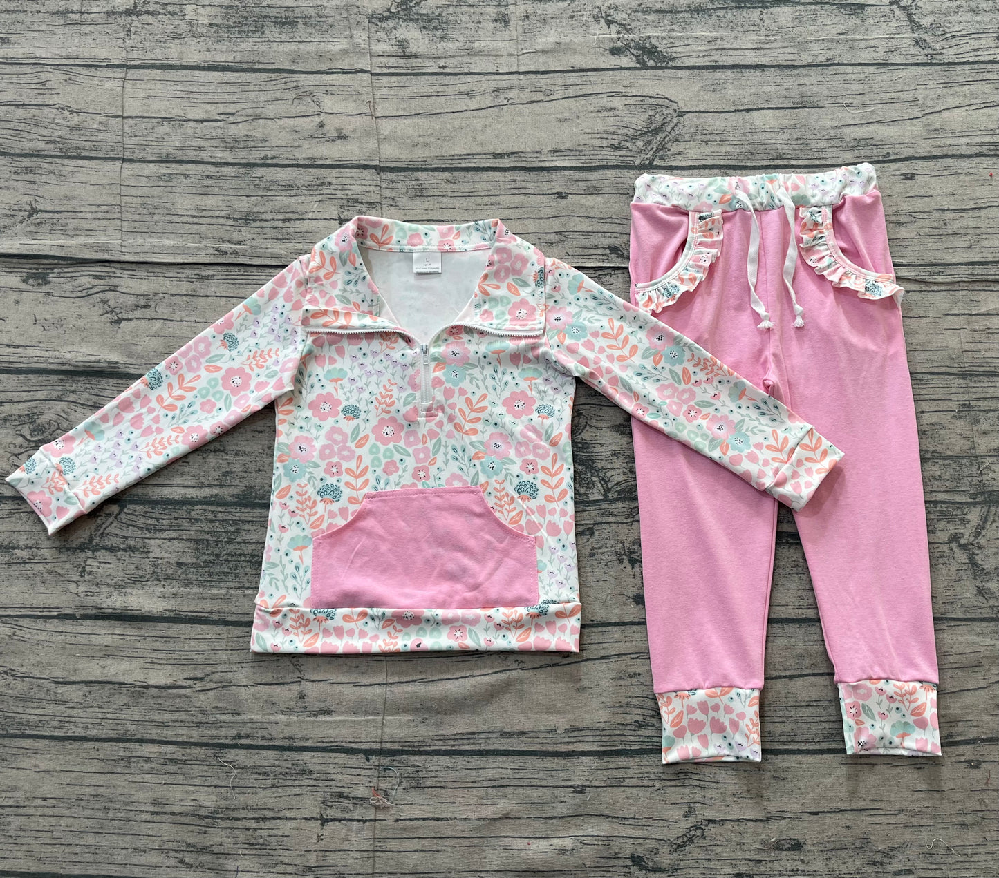 Baby Girls Long Sleeves Flower Zipper Shirt Ruffle Pockets Pink Pants Clothes Set RTS