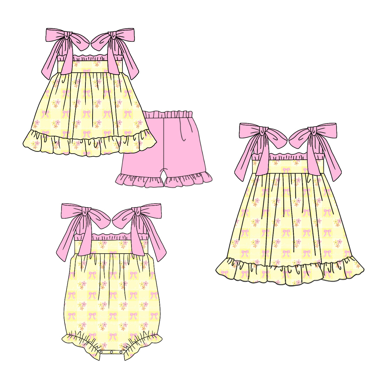 ( Moq 5 Each Style ) Sibling Baby Girls Kids Pink Bows Flower Romper Dress Set Summer Clothes