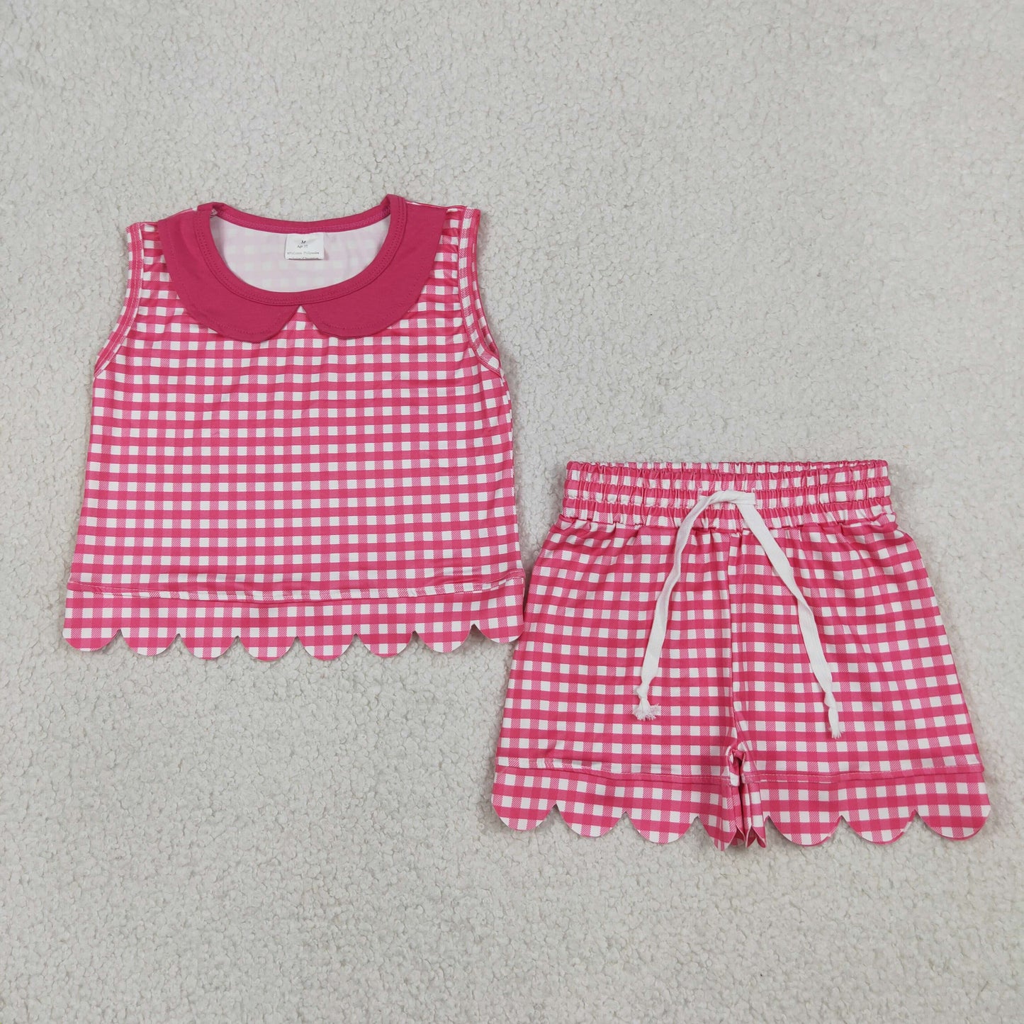 Baby Girls Kids Pink Plaid Shirt Scallop Shorts Summer Set Clothes RTS