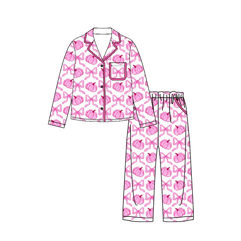 ( Moq 5 ) Preorder Baby Girls Kids Pumpkins Bows Buttons Shirt Pockets Pants Fall Pajamas Pink Set Clothes