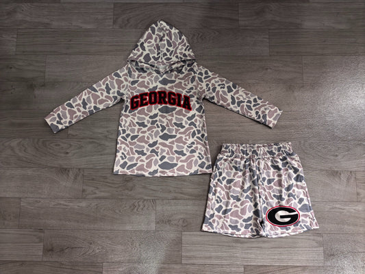 ( No moq ) Preorder Baby Boy Kids Long Sleeves Grey Camo Hoodie Shirt G Shorts Team Set
