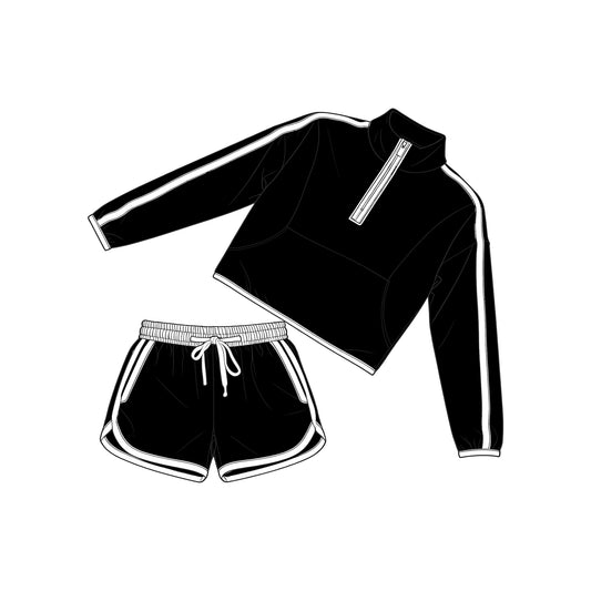 ( Moq 5 ) Preorder Baby Girls Kids Long Sleeves White Zipper Tops Shorts Black Set Clothes