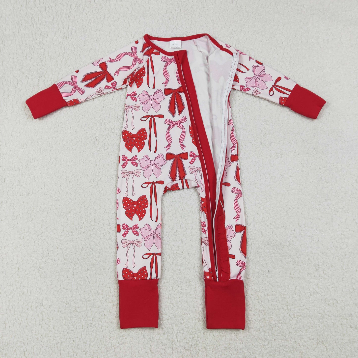 Baby Girls Infant Long Sleeves Hearts Bows Ruffle Zipper Valentine  Romper RTS