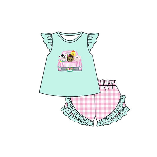 Moq 3 Pre-order GSSO0459 Baby Girl Farm Shirt Pink Plaid Ruffle Shorts Set