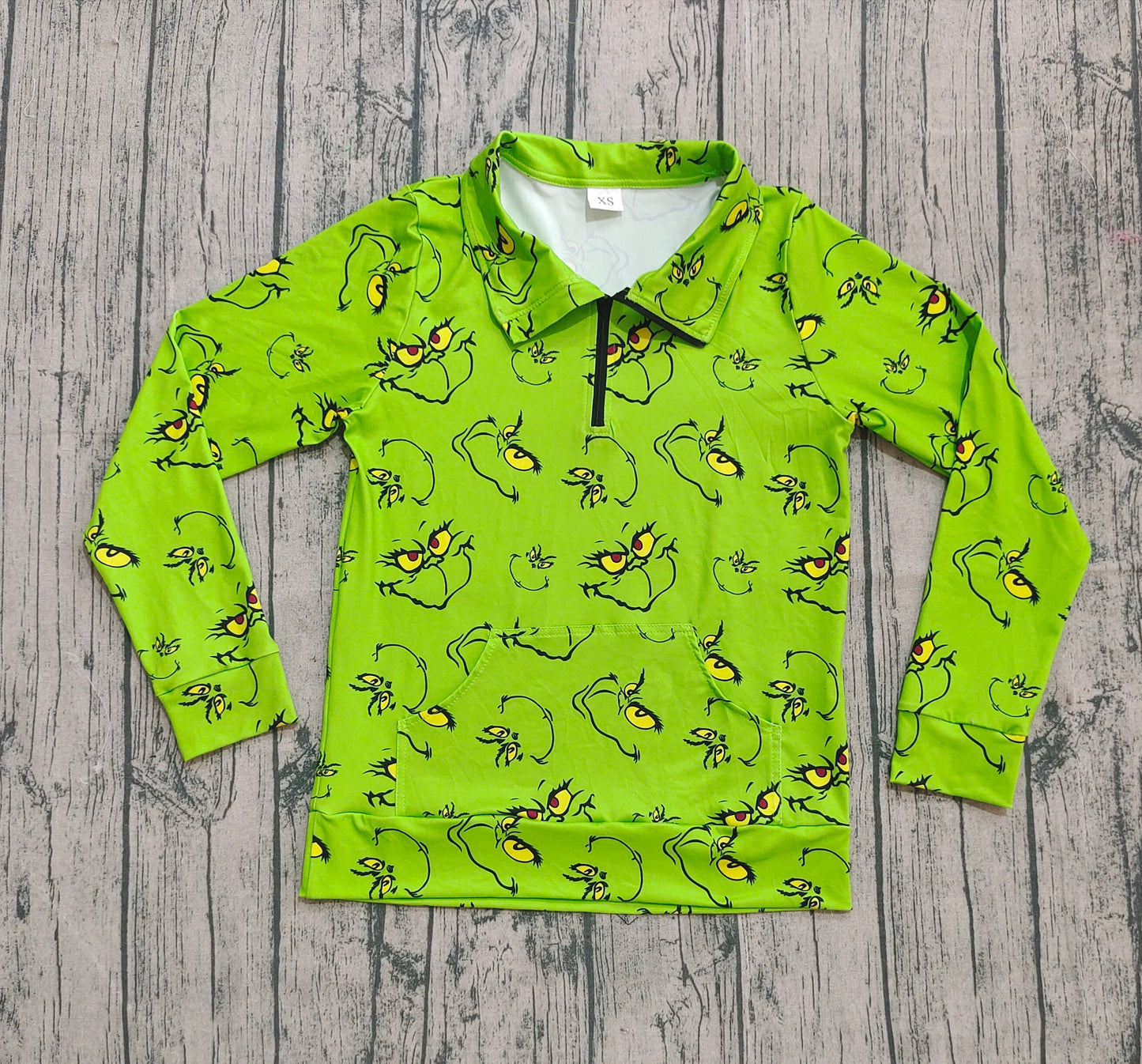 ( No moq ) Preorder Adult Women Long Sleeves Green Face Zipper Pocket Pullover Christmas Shirt