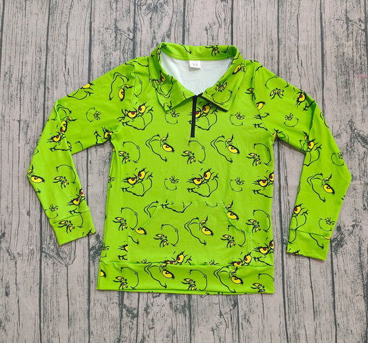 ( No moq ) Preorder Adult Women Long Sleeves Green Face Zipper Pocket Pullover Christmas Shirt