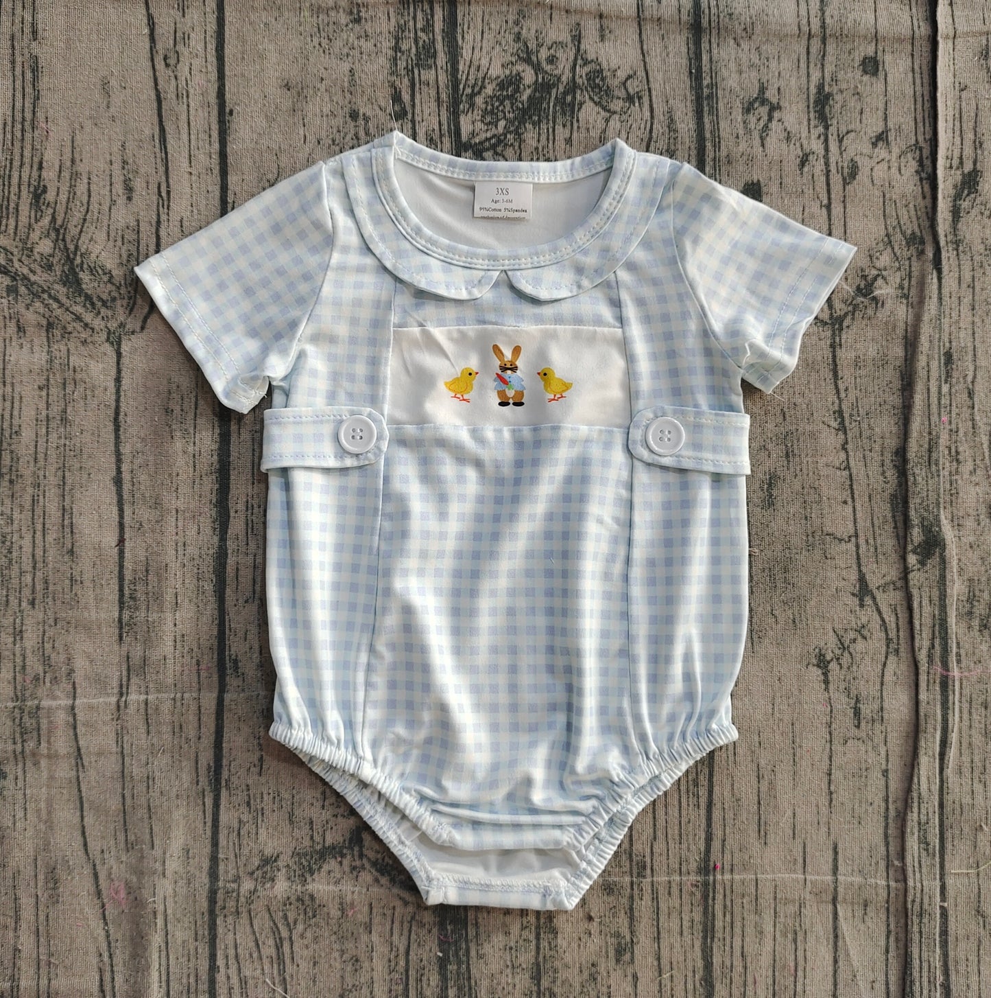 Baby Boys Infant Chicks Rabbit Blue Plaid Easter Romper RTS