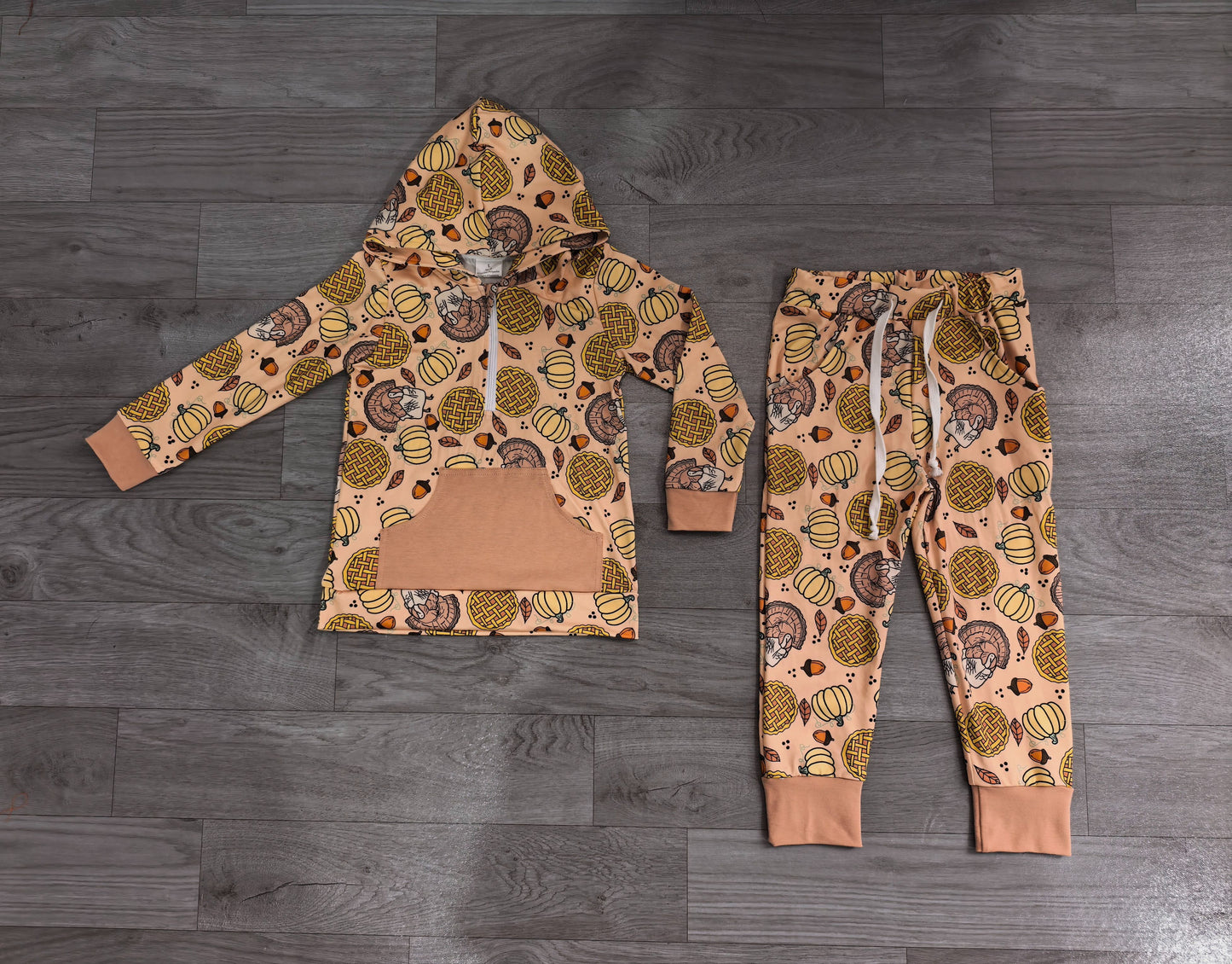 ( No moq ) Preorder Baby Boys Kids turkey Pumpkins Hoodie Hoodie Zip Shirt Pockets Pants Fall Set Clothes