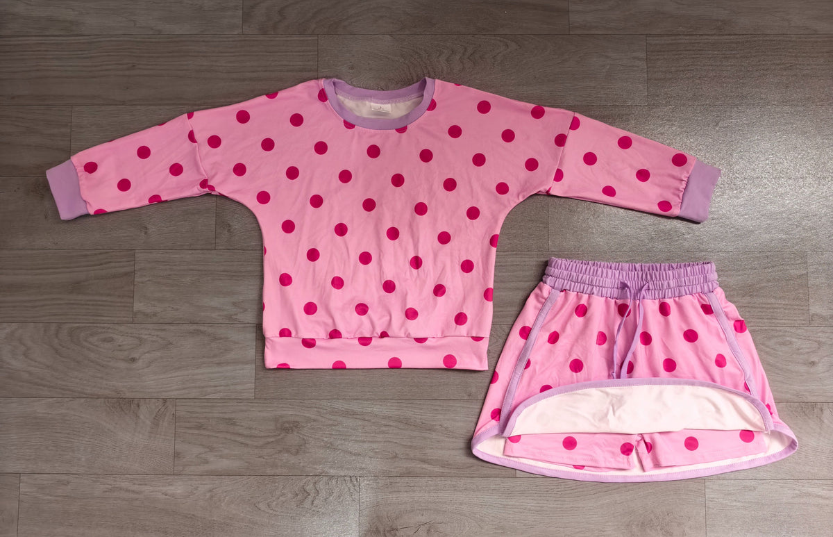 ( No moq ) Preorder Baby Girls Kids Long Sleeves Dots Shirt Skirt Shorts Pink Set Clothes