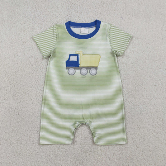 Baby Boys Infant Short Sleeves Embroidery Truck Green Stripes Romper Clothes RTS