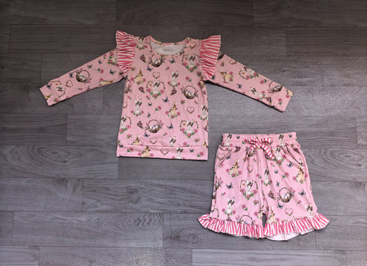 ( No moq ) Preorder Baby Girls Kids Rabbits Eggs Flower Shirt Ruffle Shorts Set Easter Clothes