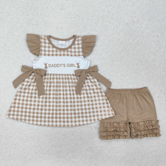 RTS Baby Kids Daddy's Girl Deer Plaid Bows Tunic Ruffle Shorts Clothes Set