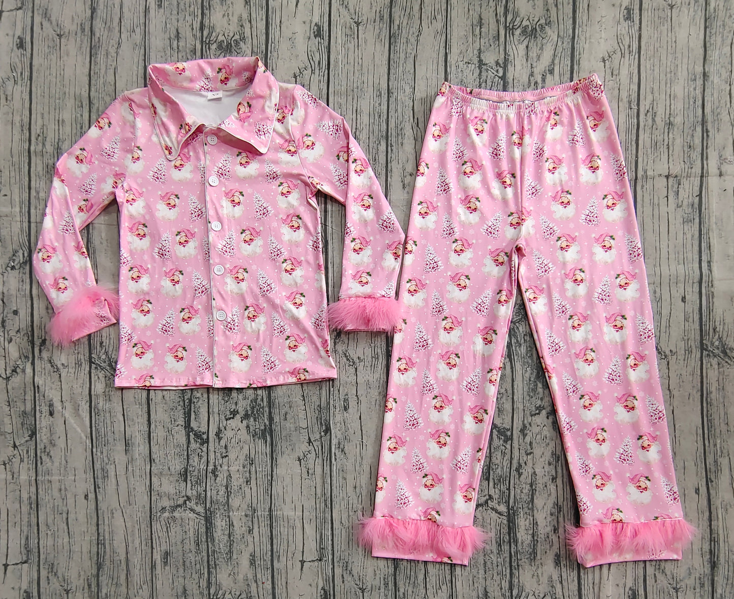 ( No moq ) Preorder Adult Woman Pink Fur Long Sleeves Santa Tree Buttons Shirt Pants Christmas Pajamas Set
