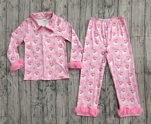 ( No moq ) Preorder Adult Woman Pink Fur Long Sleeves Santa Tree Buttons Shirt Pants Christmas Pajamas Set