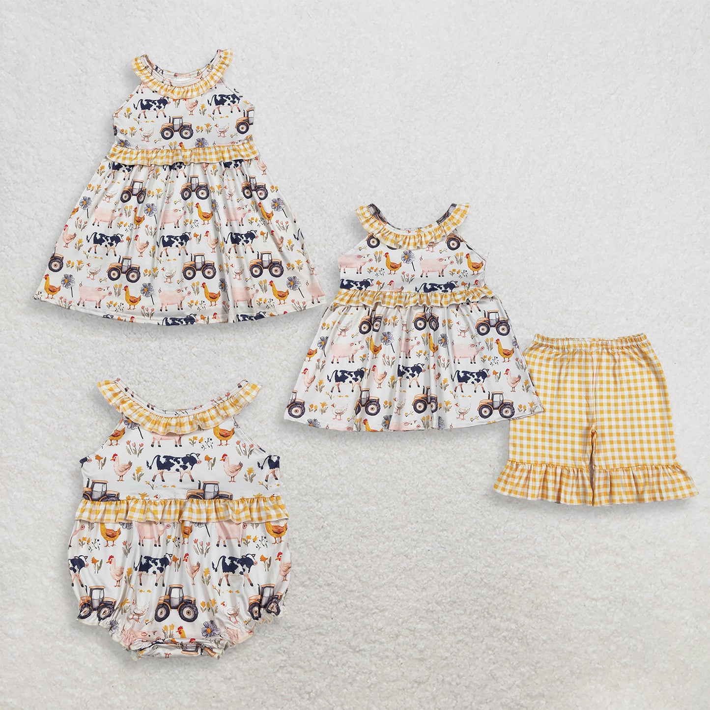 Sibling Baby Girls Kids Farm Animals Tractors Tops Shorts Set Dress Romper Summer Clothes RTS