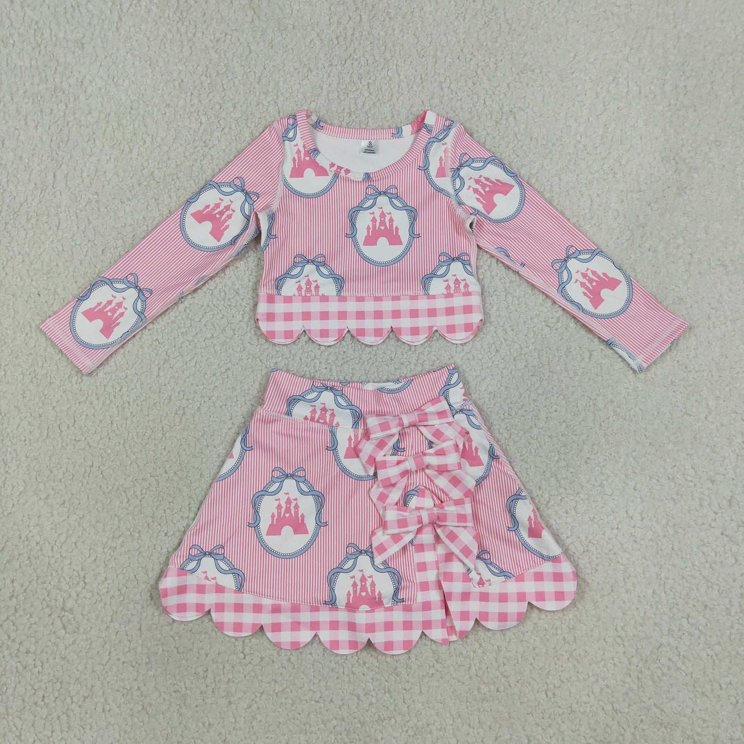 Baby Girls Stripes Castles Scallop Tops Bows Skirt Shorts Set Yoga Active Pink Clothes RTS