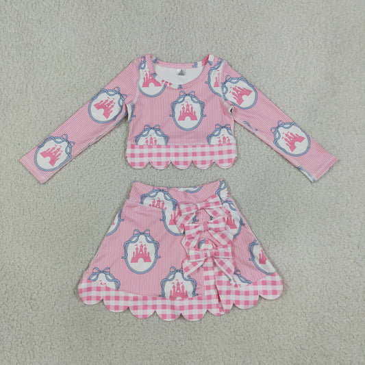 Baby Girls Stripes Castles Scallop Tops Bows Skirt Shorts Set Yoga Active Pink Clothes RTS