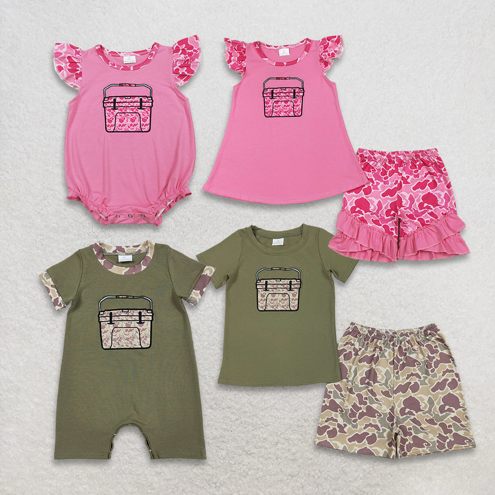 Sibling Baby Boys Girls Short Sleeves Embroidery Box Camo Hunting Clothes Rompers Sets RTS