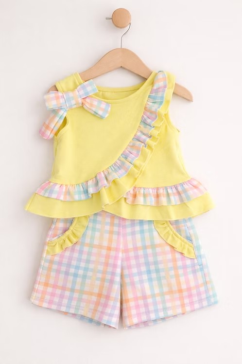 ( Moq 5 )  Preorder Baby Girls Kids Bows Ruffle Yellow Tops Plaid Pockets Shorts Set Summer Clothes