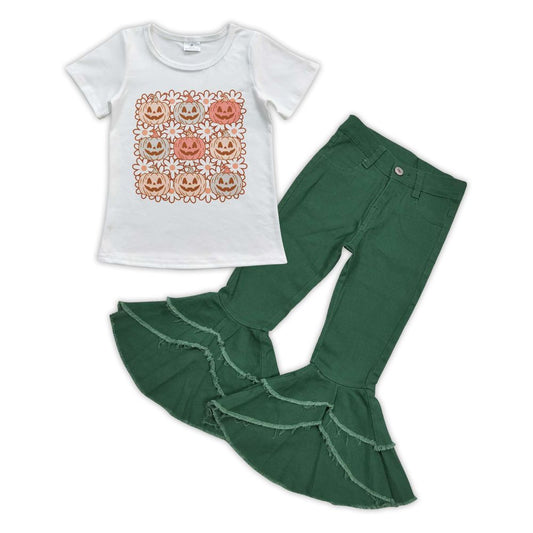 Baby Girl Short Sleeves Pumpkin Flower Shirts Green Double lace Bell Pants Halloween Outfit