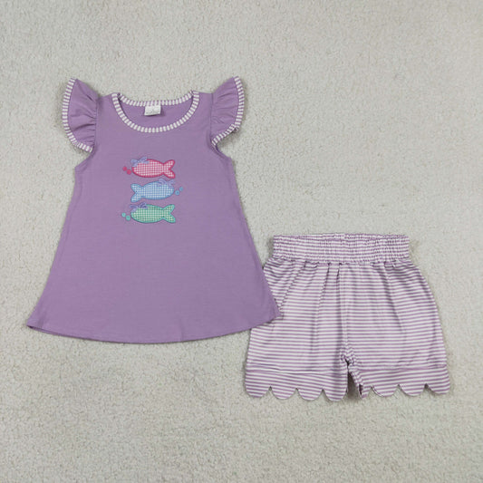 Baby Girls Kids Short Sleeves Embroidery Fish Bows Purple Shirt Strips Scallop Shorts Set RTS