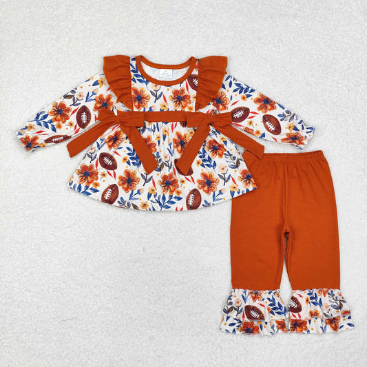 Baby Girl Long Sleeves Fall Football Flower Tunic Ruffle Pants Set