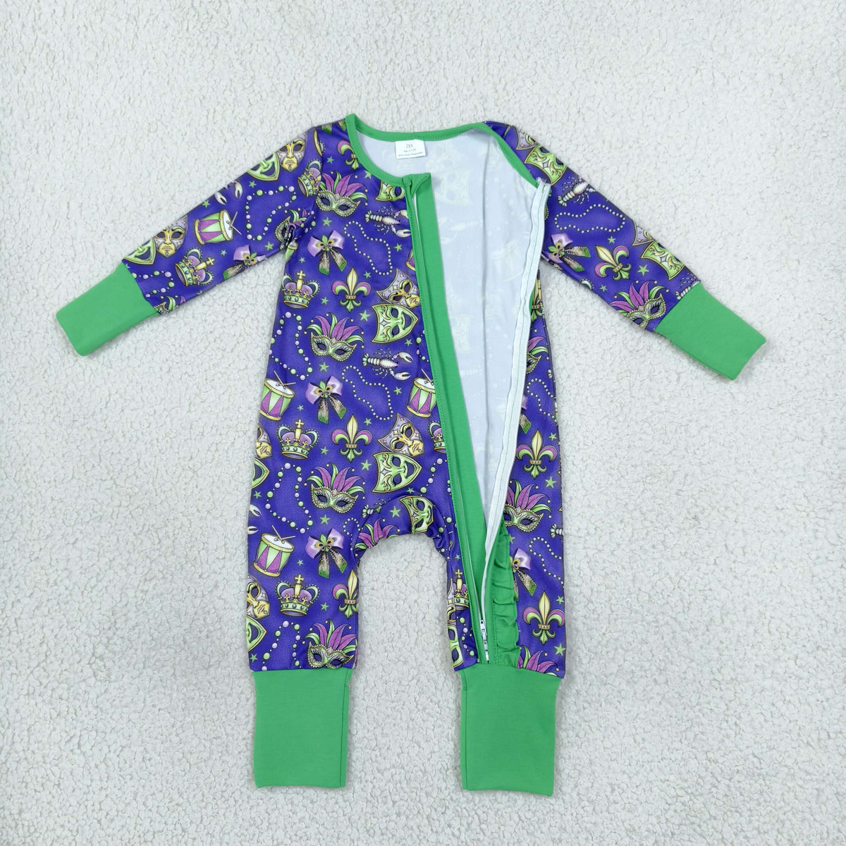Baby Girls Kids Masks Bows Mardi Gras Zipper Footie Sleeper Romper Clothes  RTS