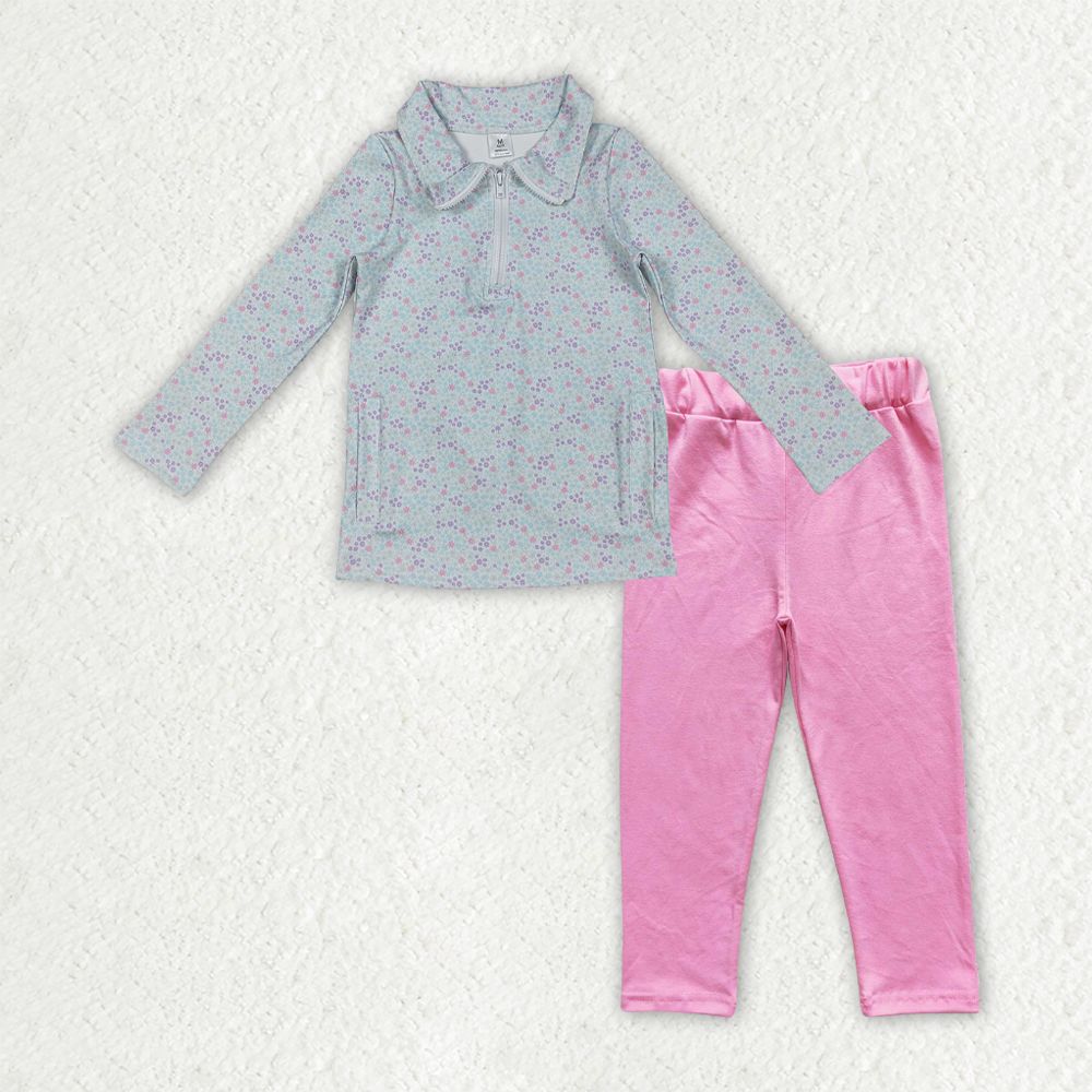 Baby Girls Kids Floral Long Sleeves Zipper Pocket Yoga Shirt Cotton Pink Pants Clothes Set RTS