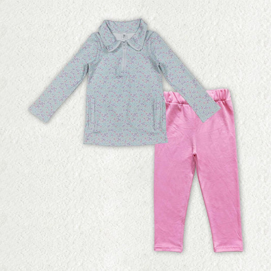 Baby Girls Kids Floral Long Sleeves Zipper Pocket Yoga Shirt Cotton Pink Pants Clothes Set RTS