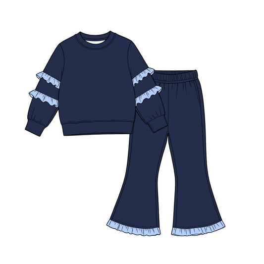 ( Moq 5 ) Preorder Baby Girls Kids Blue Ruffle Long Sleeves Shirt Bell Pants Navy Set Cotton Clothes
