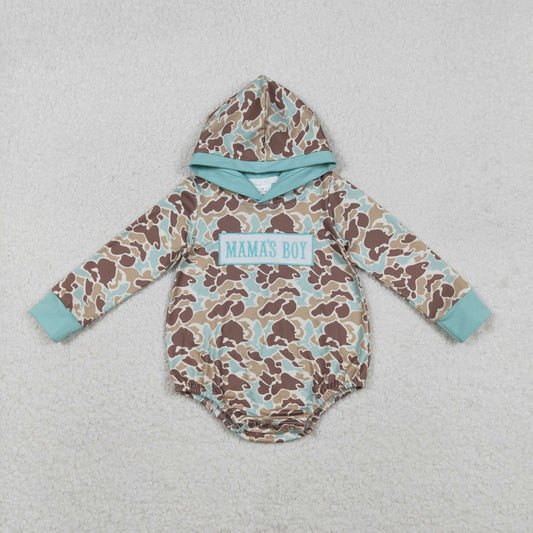 Baby Boys Embroidery Mama's Boy Green Hoodie Camo Bubble Romper RTS