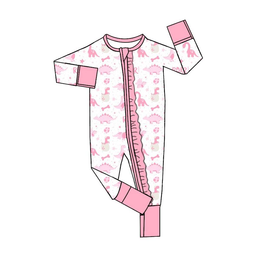 ( Moq 5 ) Preorder Baby Girls Kids Long Sleeves Dinosaurs Zipper Footie Romper Pink Clothes