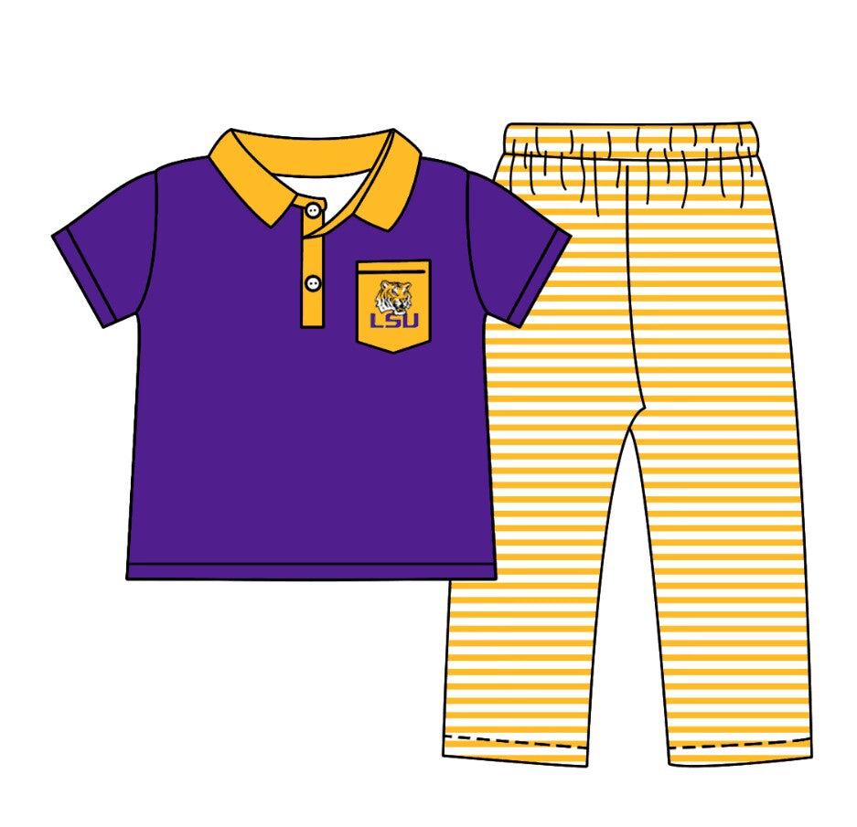 Baby Boy Purple Short Sleeves Tiger Team Pocket Buttons Shirt Stripes Pants Clothes Set Moq 5